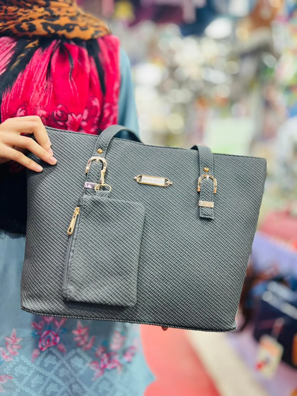 Premium Textured Tote Bag with Matching Pouch - Elegant Beige