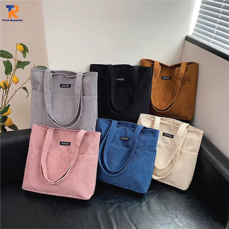 Trendy Corduroy Tote Bag for University Students with Free Mini Pouch