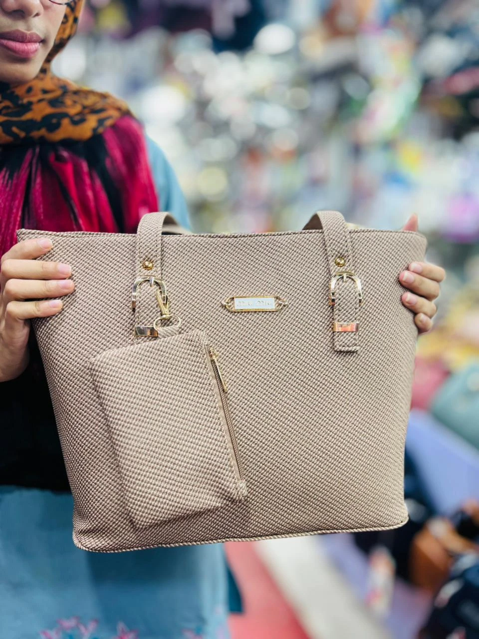 Premium Textured Tote Bag with Matching Pouch - Elegant Beige