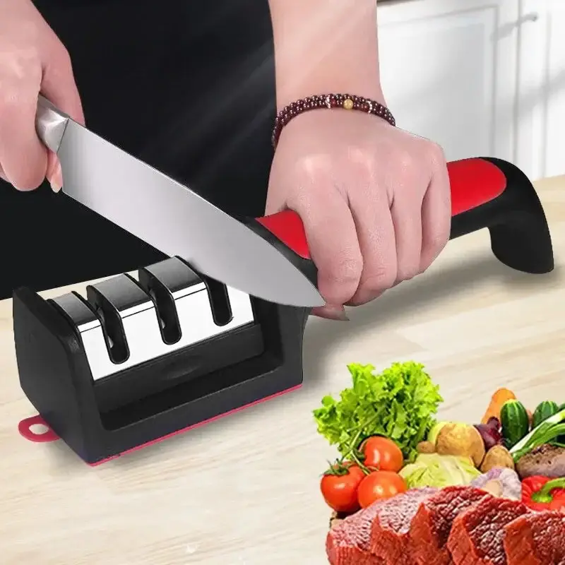Kitchen 3-Segment Knife Sharpener Household Multi-Functional Hand-Held 3-Purpose Black Sharpening Stone
